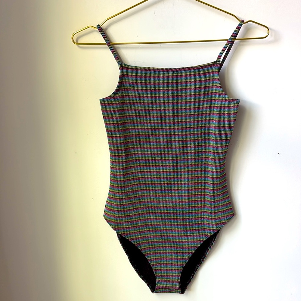 NWT Topshop Striped Metallic Stretch Bodysuit Multi Color Snap Bottom Size 4